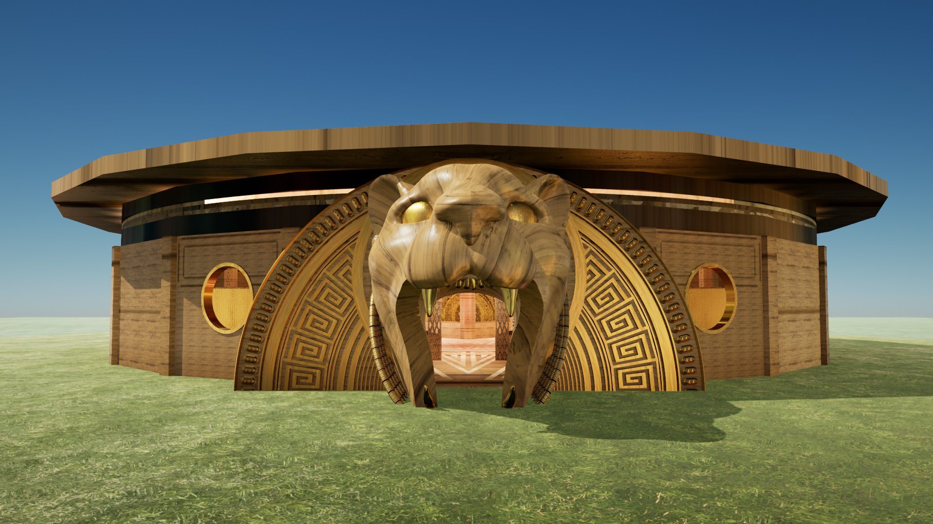 The temple exterior, with the jaguar head entrance