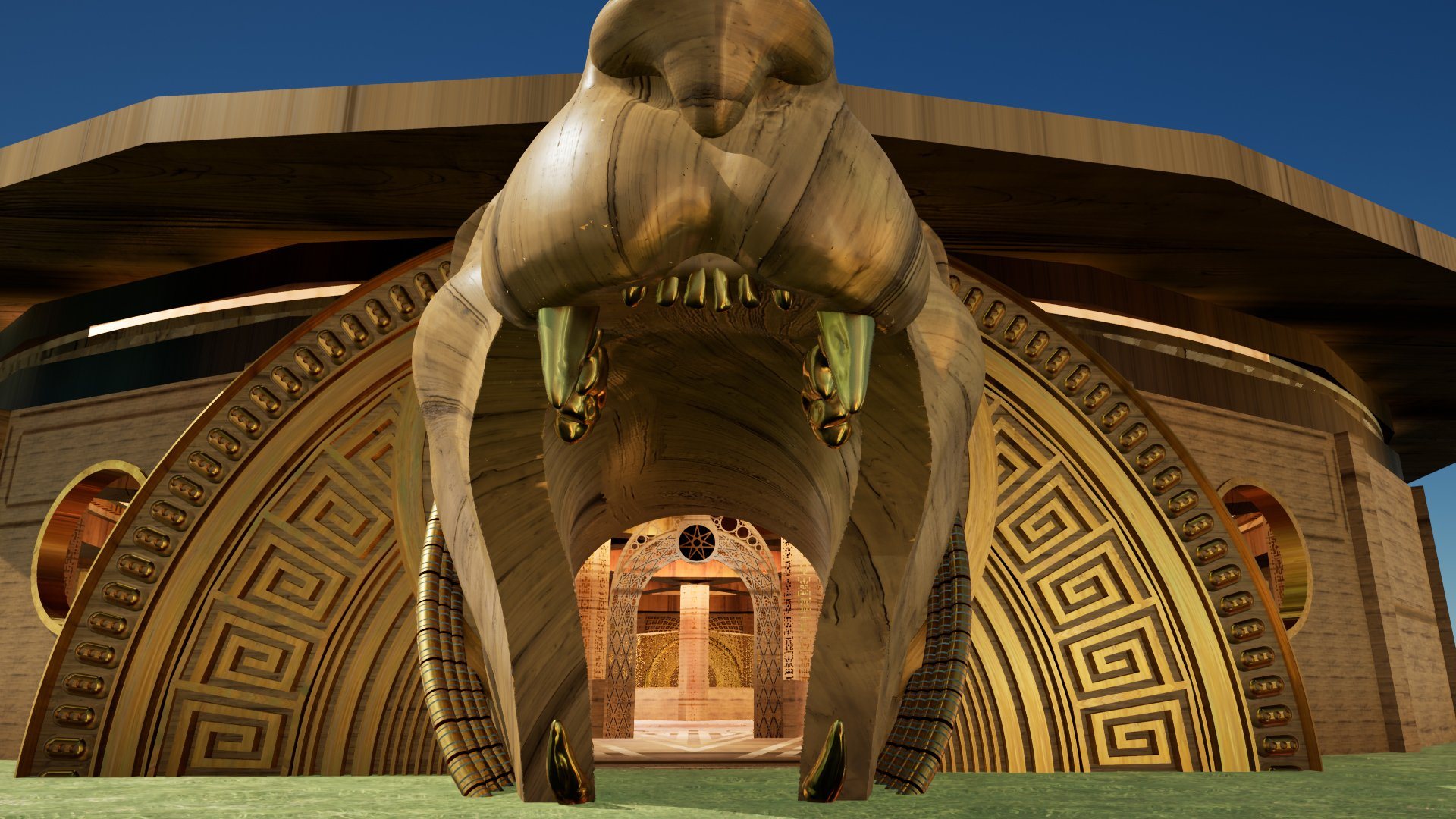 Looking up into the jaguar’s mouth at the entrance